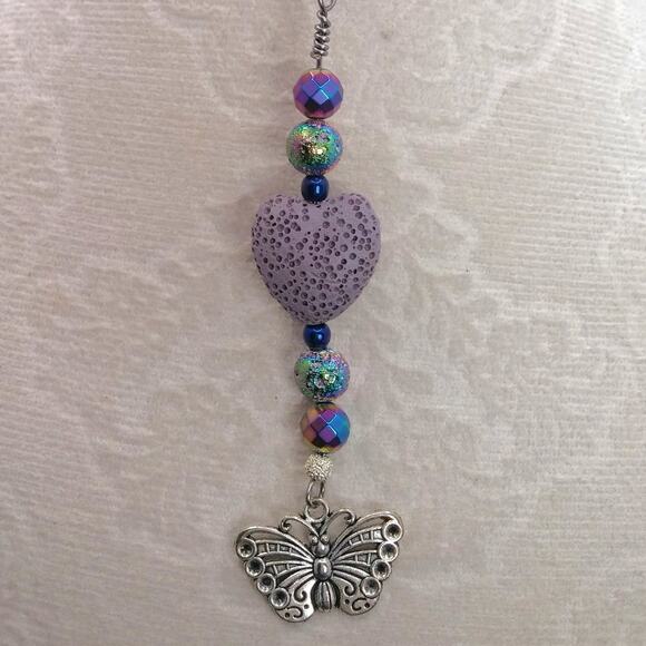 Artisan Electroplated Lava Stone Keychain Purple Heart Diffuser Butterfly Charm - Picture 3 of 10
